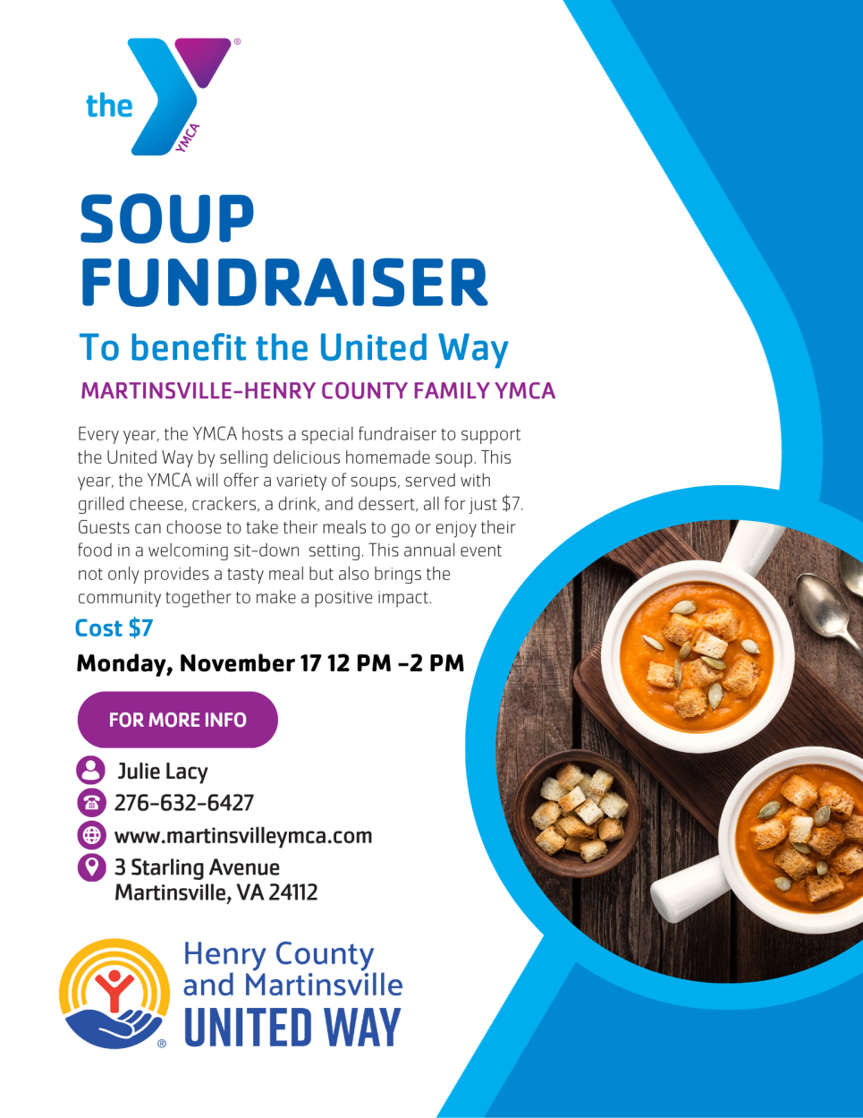 Each year, the Martinsville - Henry County YMCA hosts a special fundraiser to support the United Way of Henry County and Martinsville by selling delicious homemade soup. This year, the YMCA will offer a variety of soups, served with grilled cheese, crackers, a drink, and a dessert, all for just $7. Guest can choose to take their meals to go or enjoy their food in a welcoming sit-down setting. This annual event not only provides a tasty meal but also brings the community together to make a positive impact.